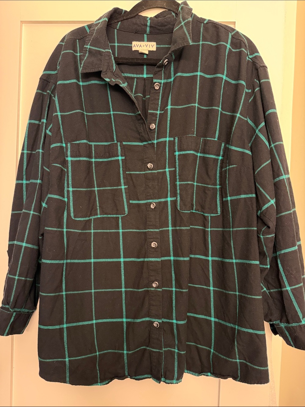 Ava & Viv Black Plaid shirt with Teal Windowpane. Plus Size Fall Fashion
